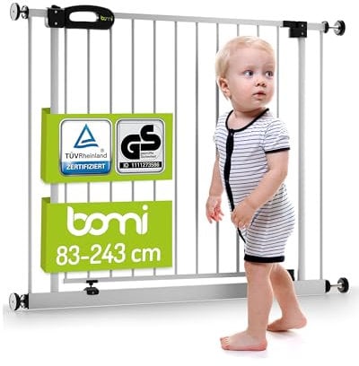 BOMI TÜV GS Siegel Baby Treppenschutz Merle | Zum Klemmen | 90° Stop | Schließt automatisch | Treppenschutzgitter zum Klemmen in Weiß | Kindergitter treppe Zum Klemmen aus Metall | Breite: 205-213 cm