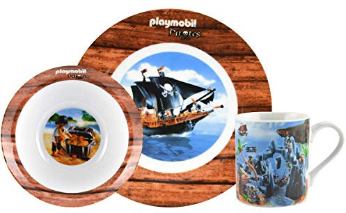 Playmobil United Labels Breakfast Plates Mug Bowl Crockery Piece Set, Pirate Design, 3 Teilig