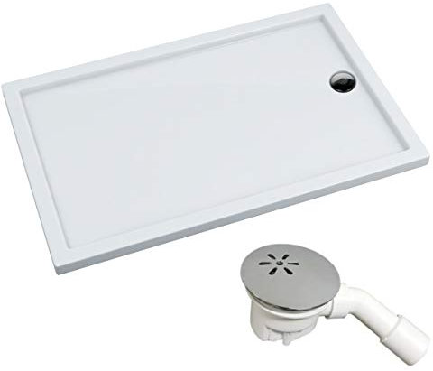 VBChome Duschwanne Duschtasse 90 x 160 x 5,5 cm Rechteckig für Duschkabine Styroporträger flach Sanitär-Acryl Duschbecken stabil glatt weiß Dusche+ Ablaufgarnitur Viega Tempoplex
