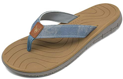 KuaiLu Chanclas Mujer Verano Playa Piscina Cuero y Tela Flip Flops Señoras Comodas Piel Planas Caminar Sandalias De Dedo Antideslizante Yoga-Espuma Chancletas Jeans 38