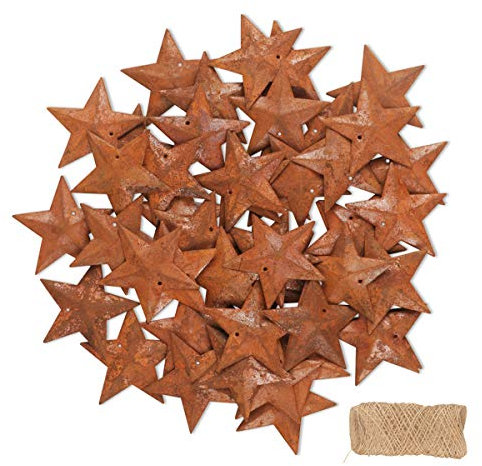 YiYa 50Pcs Rostige Metallsterne enthalten EIN Juteseil für Weihnachtsfest Dekoration Kranz Ferienhaus Dekoration (4,5 cm)