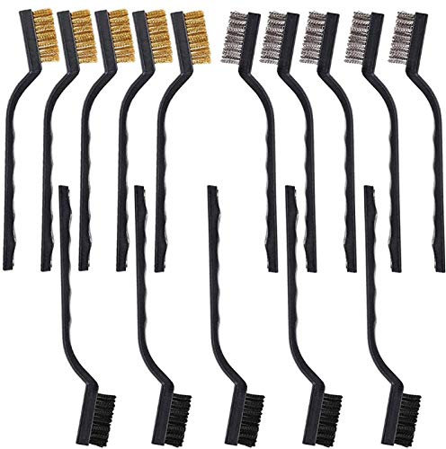15PCS Mini Wire Brush Set, Stainless Steel Bristle Brush, Curved Handle Masonry Brush, for Clean Welding Slag, Paint Stains, Doors, Floor Tiles and Other Cracks (Nylon Wire, Copper Wire, Steel Wire)