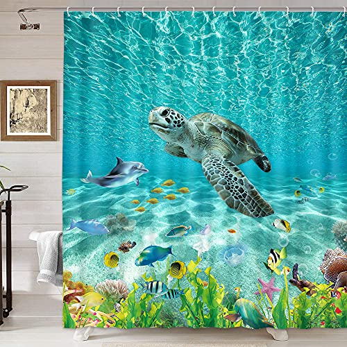 DYNH Duschvorhang mit Meeresschildkröte, Ozean-Tiere, Unterwasser-Türkis, Badezimmer-Duschvorhang mit Haken, 175 x 178 cm