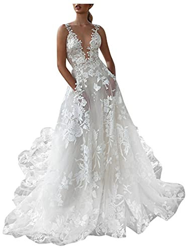 Vestidos de Novia Vestidos de Novia Baratos Vestidos de Fiesta Largos de Noche,Vestidos Largos para Boda de Noche (Blanco, XXL)