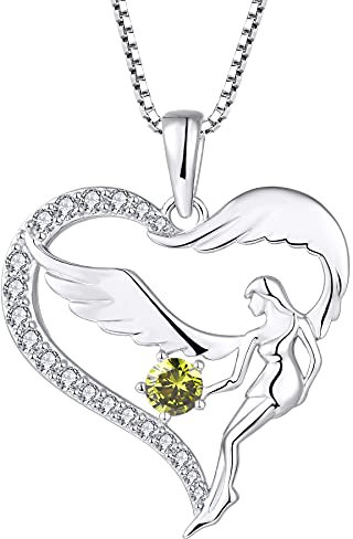 FJ Herz Schutzengel Halskette Damen 925 Sterling Silber Engelsflügel Kette Anhänger Peridot Halskette August Geburtsstein Schmuck Geschenke für Frauen