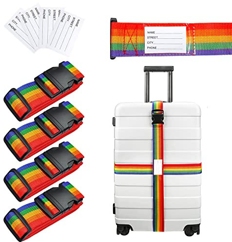 Abnaok Suitcase Straps, 4 Pack Personalised Luggage Straps Adjustable Travel Packing Straps with Quick Release Buckle (Rainbow)