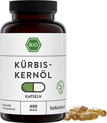 bioKontor – BIO Kürbiskernöl Kapseln hochdosiert 400 Stück – 1000mg – vegan | 6-Monats-Vorrat – 1000mg Tagesdosis – Kürbiskernöl kaltgepresst & nativ – deutsche Herstellung – Pumpkin Seed Oil capsules