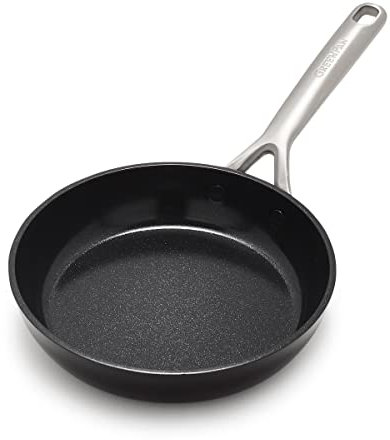 GreenPan GP5 Hard Anodized Healthy Ceramic Nonstick 8 Frying Pan Skillet, Heavy Gauge Scratch Resistant, Stay Flat Surface, Induction, Mirror Finish Handle,Oven Safe, PFAS-Free, Black