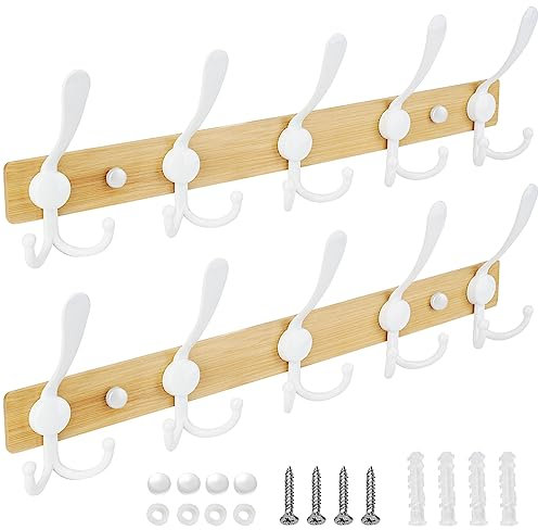 TICONN Wandgarderobe, Hakenleiste mit fünf robusten Tri-Haken, Ganzmetallkonstruktion für Jacke, Mantel, Hut im schlammigen Eingangsbereich (Holz, weiß, 2er-Pack)