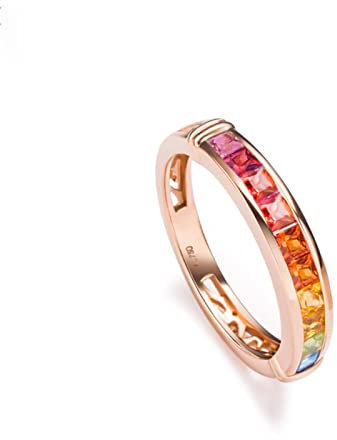 Goldener Ring Hochzeit, Saphir Ring Damen 18K Bunter Diamant Ringe Blauer Saphir Rubin 1,015ct Roségold Eheringe Schmuck Frauen