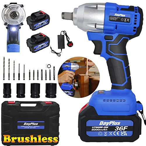 Cordless Impact Wrench Brushless 1/2inch Driver 21V Electric High Torque Wrench 420N.m with Variable Speed 0~3200RPM, 2pcs 6.0Ah Li-ion Battery, 4Pcs Driver Impact Sockets, 12Pcs Screwdriver Dril Bits