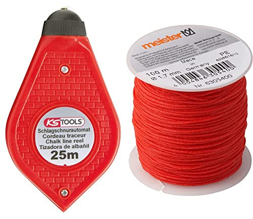 KS Tools 300.0080 Markierungsschnur, 25m & Meister Maurerschnur rot - 100 m Länge - Ø 1,7 mm - Polyethylen geflochten - Knotenfest - Reißfest & Belastbar - Auf Spule/Richtschnur / 6305400