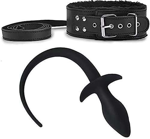 HUNTVE Collier en Cuir avec Laisse pour Chien, Style Gothique, avec Laisse Amovible, + Jouet Queue de Chien en Silicone Pur Fait Main Cosplay Fun Toys