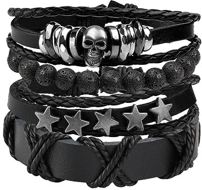 MILAKOO Lederarmband, geflochten, breit, für Damen und Herren, Punk-Schmuck, Totenkopf, Schwarz / Braun, 19 à 24 cm de longueur réglable, Stein, Kein Edelstein