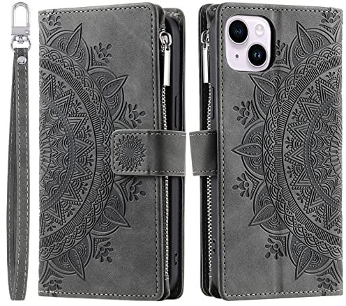 VEEMOS Wallet Case for iPhone 14 Plus Flower Flip Case Protective Leather Folio Book Phone Cover with Card Slots Kickstand Zipper Pocket - Grey