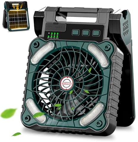 Sendowtek Portable Battery Fan with Solar Panel, 10400 mAh Rechargeable with LED Light 4 Speed Timer Small USB Table Fan for Camping Outdoor Indoor Picnic Cooling Sleeping