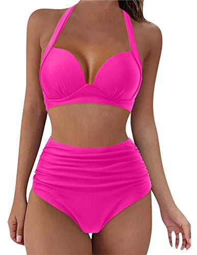 High Waisted Bikini Set, Tummy Control Bathing Suits, Underwired Padded Women's Bikini Sets V Neck Bikini Top & Flattering High-Waisted Bikini Bottoms Try Before You Buy Suitable for Office Hot Pink