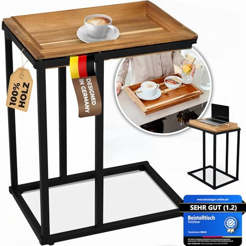 HOLZFASER Beistelltisch aus Echtholz [C-Form] Beistelltisch für Couch & Sofa – Multifunktionales & abnehmbares Tablett – Side Table für Wohnzimmer, Laptop Tisch, Sofatisch, Beistelltische Klein