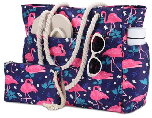Kasgo Strandtasche XXL Familie Damen groß Wasserdichte Badetasche mit Reißverschluss Leichte Beach Bag Faltbare Shopper Tote Bag für Strand Schwimmbad Fitnessstudio Reisen Flamingo
