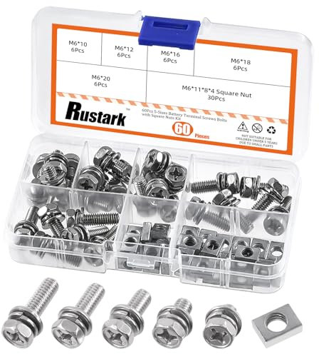 Rustark 60Pcs M6x10/12/16/18/20mm 304 Stainless Steel Motorcycle Battery Terminal Bolts Assortment Kit, ATV Battery Terminal Bolt and Nuts with Square Nuts for ATV and Motorcycle Battery Terminals