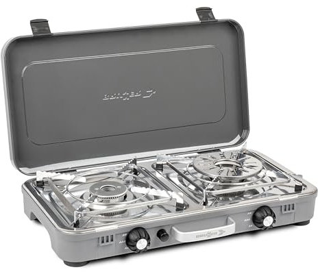 Brunner Cuisinière à gaz DEVIL KOOKMASTER GP - Double brûleur de 2,4 kW, allumage piézoélectrique, couvercle et poignée de transport, avec plaque lisse/rayée, 30mbar - Parfait pour la cuisine