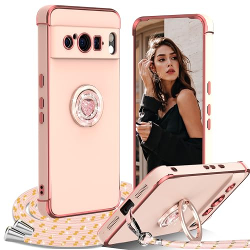 IBETEK Coque avec Cordon pour Google Pixel 8 Pro 5G, avec Anneau de Support Coeur,Étui Housse Antichoc Souple Silicone TPU Bumper Portable Protection Case avec Amovible Collier, Rose