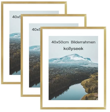 kollyseek Lot de 3 cadres photo 40 x 50 cm - Avec verre acrylique - Doré - À suspendre et à poser - Cadre photo mural moderne - Cadre décoratif