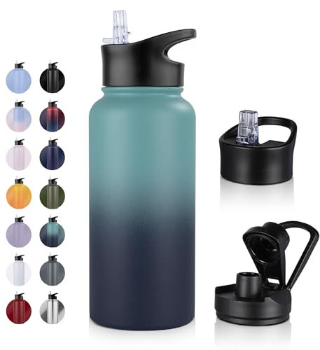 UMBFUN Bouteille d'eau en Acier Inoxydable - 1L avec Paille,anti-fuite,Gazéifiée,BPA free Gourde Thermos(+2 Couvercles) Isolation Double Paroi Sous Vide pour Sport,Voyage,Camping,école,Vélo,Gym