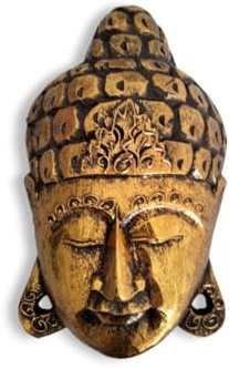 Golden Serenity Wooden Buddha Mask – Hand-Carved in Exotic Bali, Perfect Housewarming Gift, Tropical, Modern, Elegant, Adds a Calming Tranquility to Your Living Room, Hallway, Office or Shop