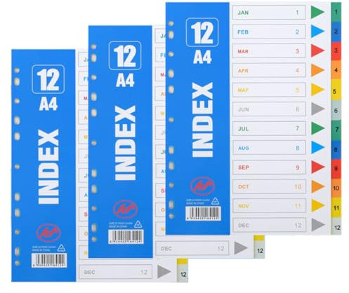 Aktenregister A4, 12-teilige Ordner-Trennblätter, 3 Stück, vorgestanzte Hebel-Ordner in verschiedenen Farben, Kunststoff-Trennblätter (farbige Register)