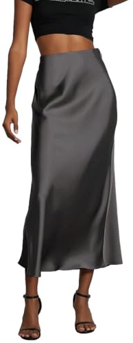 OLIPHEE Langer Satin Rock Damen Hohe Taille mit Elastischem Bund Einfarbig Röcke Damen Elegant Business A Linien Maxi Skirt Frauen Kleider