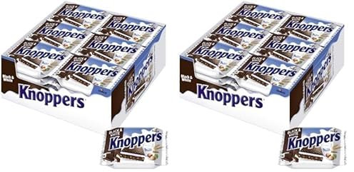 Knoppers Black and White – 2 x 24 x 25g (48 x 25g) – Gefüllte Waffelschnitte mit dunklen Kakaowaffeln, dunklen Gebäckstückchen und Nougatcremefüllung