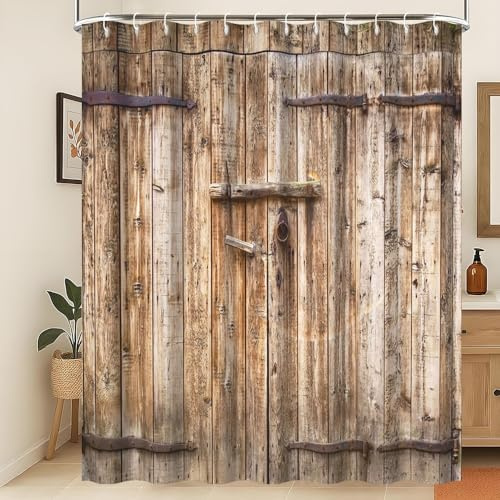 Xiaoterna Rideau de Douche Rustique Vintage Rideau de Bain Porte de Grange Marron Vintage Porte en Bois Imperméable à l'eau Rideau de Douche Lavable et résistant à la moisissure 200x180cm