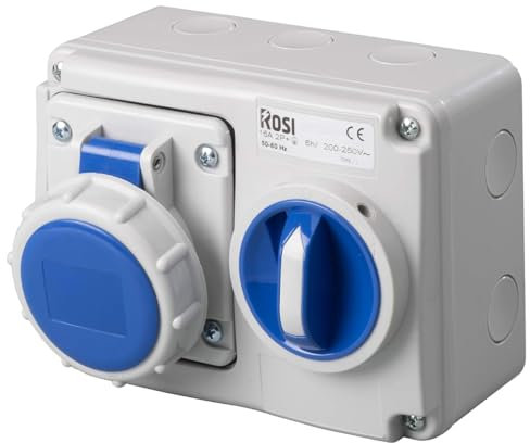 Presa interbloccata orizzontale con sezionatore interruttore, montaggio a parete, con fondo, 220V 230V, 3 poli 2P+T, 32A, IP67 da interno esterno