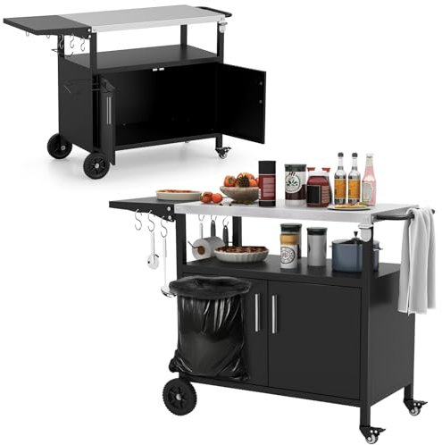 KOMFOTTEU Grillwagen mit Arbeitsplatte aus Edelstahl, Servierwagen mit klappbarer Tischplatte, Grilltisch mit Schrank, 6 Haken, Müllsackhalter & Griff, für Picknick, Party, 127 x 50 x 84 cm