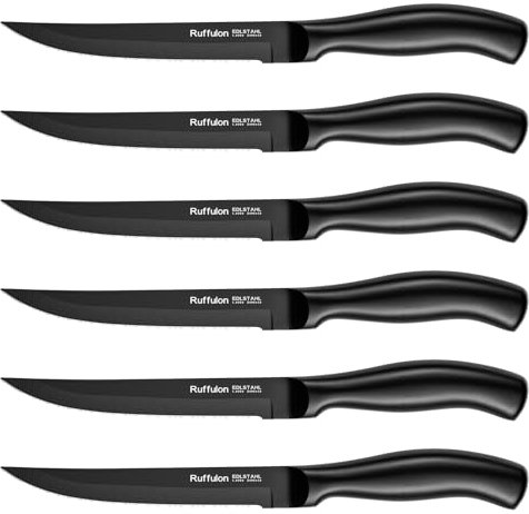 Ruffulon Couteau à Steak, 6 couteaux à steak en acier inoxydable, ensemble de couteaux à steak dentelés, couverts à steak de cuisine, passe au lave-vaisselle ,Dentelés Super Tranchants, 23CM