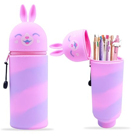 Dreaku Trousse à crayons Kawaii 2 en 1 en silicone souple Étui à crayons, cadeau de rentrée scolaire pour filles, garçons, enfants, lapin