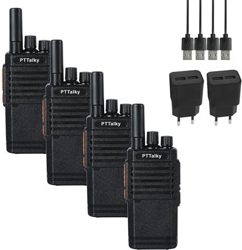 PTTalky PR2 Walkie Talkie PMR446 Funkgerät, Lizenzfreies Funkgeräte Set, Professionelles Walkie-Talkies Woki Toki, Erwachsene, USB-Ladung, VOX und 16 Kanäle, für Gebäude, Geschäfte (4 Stück, Schwarz)