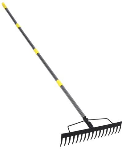 Oreilet Garden Rake, 16 Zinken Metall Heavy Unruhing Rake Zum Nivellieren Bodens Unkraut Stroh, Langer Schaft für Rasenhof Lockern Erde, Nivellieren von Mulch, Sammeln von Blättern