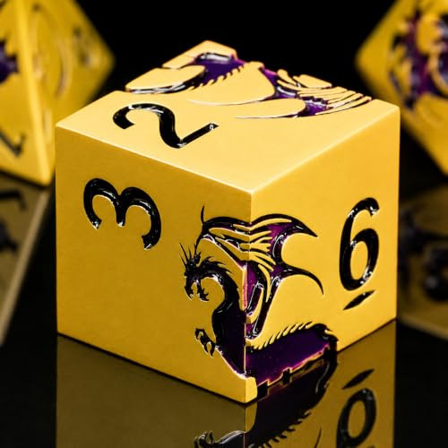 HNCCESG Metall Polyedrisches Würfelset 7 Stück–Drache Design,TTRPG/RPG Würfel für Fantasy Rollenspiel,D4 D6 D8 D10 D12 D20 D00–Geschenkbox (Perlgold-violetter Drache)