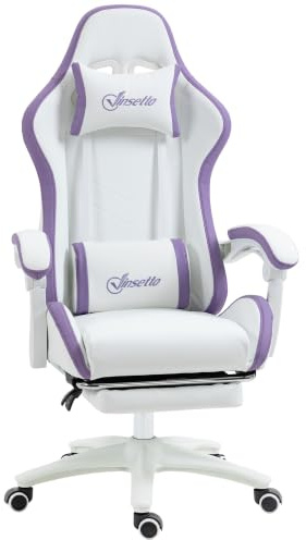 Vinsetto Silla Gaming Ergonómica Cuero PU Reclinable 135° Blanco/Violeta | Silla Gamer, Soporte Lumbar, Altura Ajustable, Reposacabezas, Reposapiés Retráctil, Oficina, Estudio