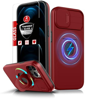 FRLMOOES for iPhone 12 / 12 Pro Case Magnetic with Kickstand + Camera Cover | Compatible with MagSafe Wireless Charging,with 2 Screen Protectors,Anti-Scratch Shockproof Heavy Duty Protection Phone,Red