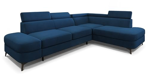 Masseno Ecksofa AVISE MV R-S mit Schlaffunktion L-Form, Klassisch Sofa mit Bettkasten, Wohnzimmersofa, Couch, Soffa, Bettsofa, Couchgarnitur - Blau, MATT Velvet 79