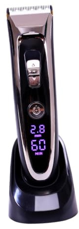 Kabelloser Haarschneider mit Keramikklinge, 3, 7v Li Ion Akku | Digitale LED Anzeige, Schlankes Schwarzes Gehäuse, 7 Aufsätze, Ladehalter, Adapter und Bürste