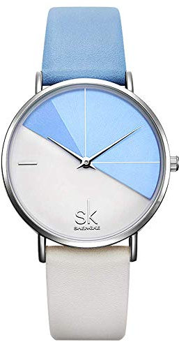 SHENGKE Damen Armbanduhr Kreative Frauen Uhren Marke Uhr Frauen Mesh Kleid Uhr Echtes Leder(K0095-Blue&White)