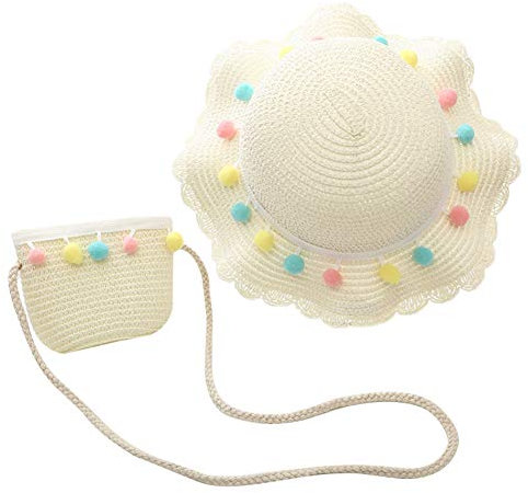 Asudaro Conjunto De Sombrero y Bandolera De Sol De Playa para Bebé, Conjunto De Sombrero y Bolso De Paja con Volantes De Bola De Color Ancho para Niñas