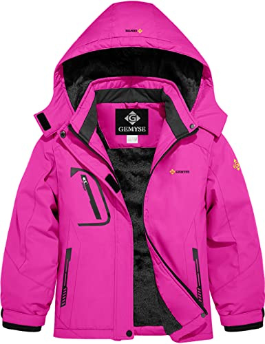 GEMYSE Mädchen Skijacke wasserdicht Winterjacke winddicht Fleece Schneeanzug warm mit Kapuze für Outdoor(Rosenrot,140-146)