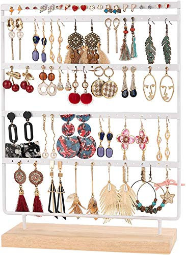 QILICZ Schmuckständer Ohrringständer 100 Löcher Ohrringhalter, 5 Tier Metal Ohrring Organizer mit Holz Base, Weiß Ohrstecker Display Schmuckhalter - 35x27cm Ohrschmuck Aufbewahrung