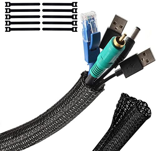 YIUTERA Kabelschlauch Selbstschließend,5M-13mm Kabelmantel Zuschneidbar Flexibler gewebter Kabelschutz,für TV, PC, USB, Kabelschutz für Haustiere und Kabelmanagement, Schwarz