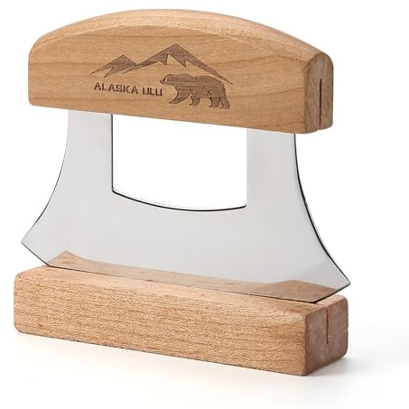 WIUCYS 5inch Alaskan Mezzaluna Ulu Knife, Salad Veggies Rocker Chopper Slicer Cutter Hashing Chopping Mincing Cleaver with Wooden Stand Arthritic Tool